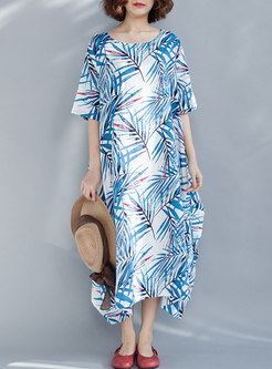 Blue Bamboo Leaf Pattern Maxi Dress